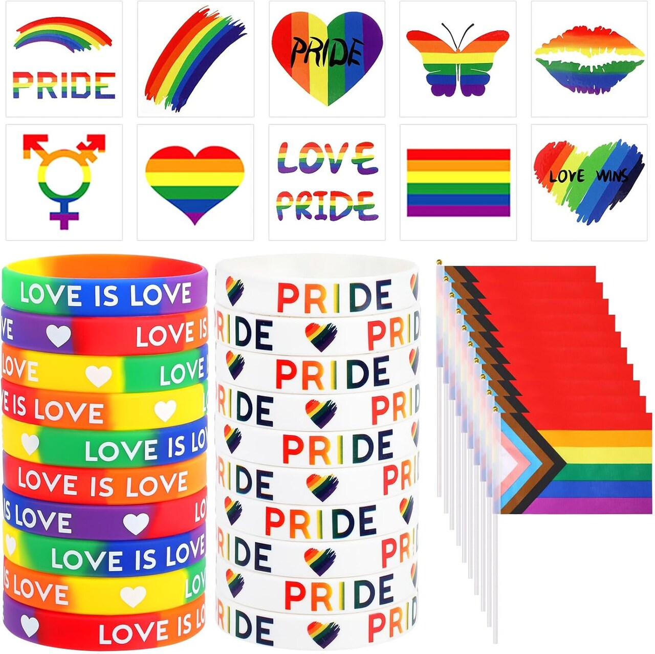 40PCS Pride Accessories Set – Rainbow Flags, Tattoos & Bracelets for LGBTQ Parade